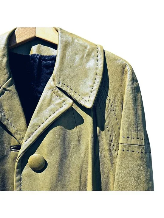 70s Light Yellow Green Leather Trench Coat Black Satin Lined Bespoke Women's M/L - Picture 6 of 13